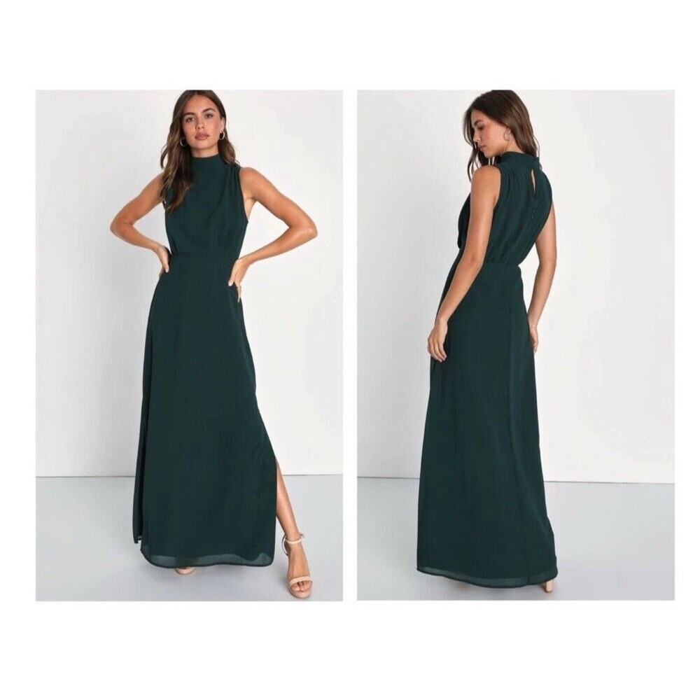 Lulus Classic Elegance Emerald Chiffon Sleeveless Mock Neck Maxi Dress Small